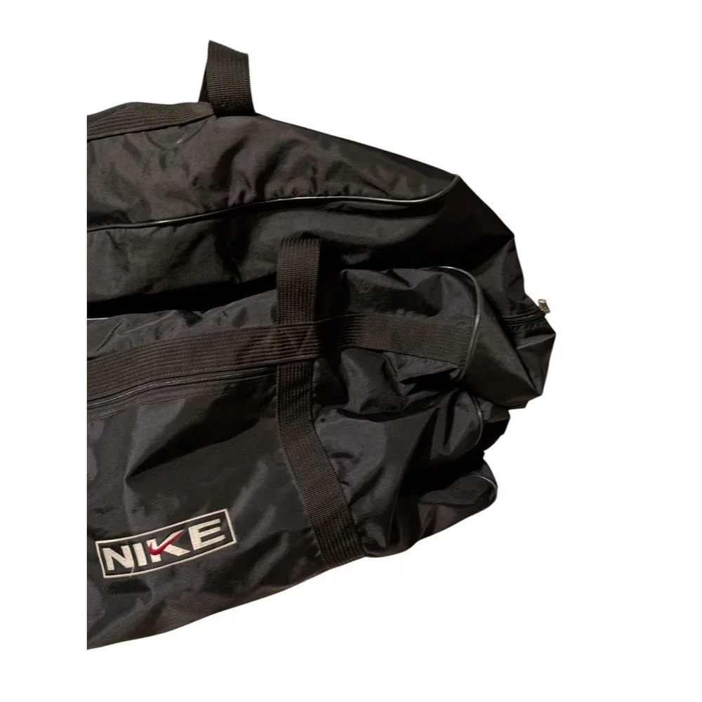 Vintage Nike Duffel Bag 90s Nylon Black Red Swoosh Gym Travel Sports...